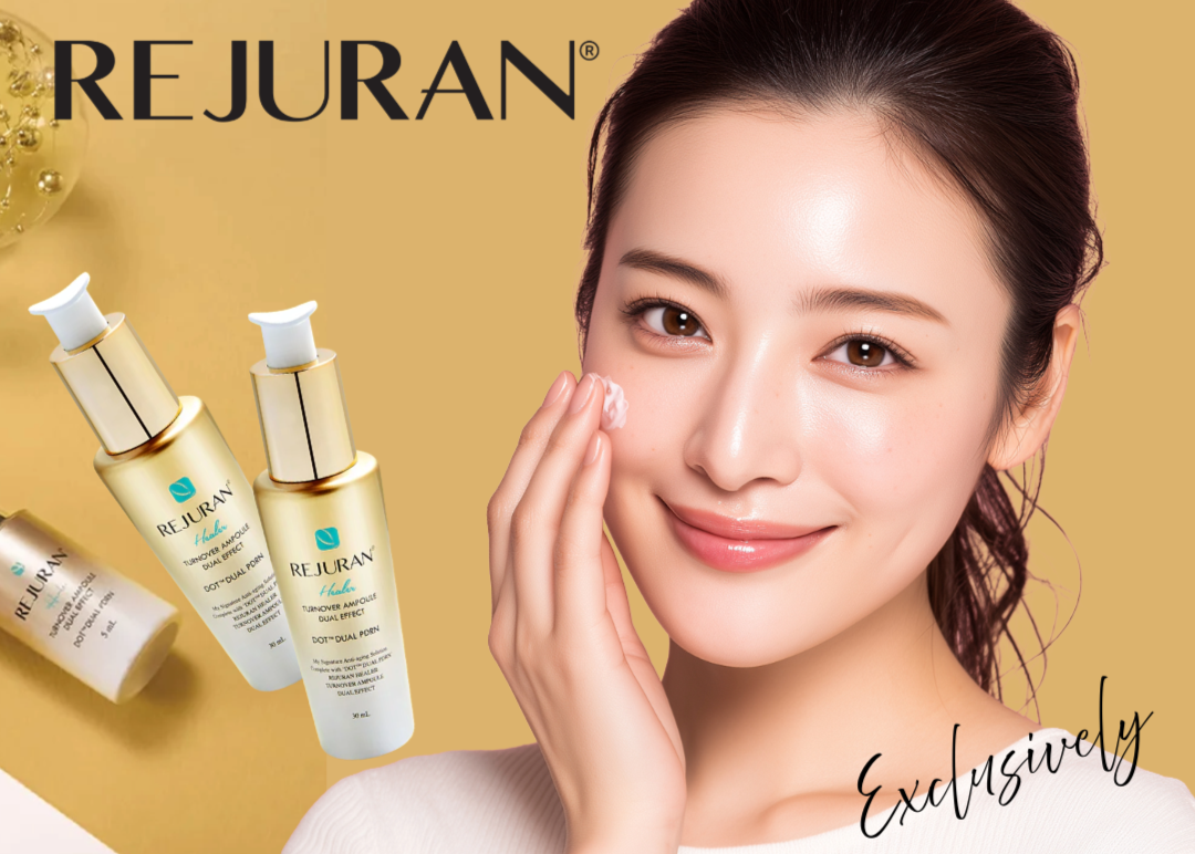 Rejuvenating skincare products with a model and promotional text on a yellow background